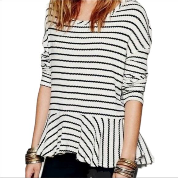 We The Free Peplum Striped Raw Hem Thermal Top Black and White Small - Picture 2 of 10